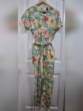 Vintage Liz Wear Belted Cotton Floral Jump Suit Womens Size Large